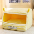 Deep sleep pet bed with yellow striped plush fabric and cute kawaii ears detail - 2XL (Up to 40kg) / Yellow Bear Ear Drawer Bed