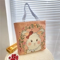 Borsa tote in tela rosa con ricamo a coniglio e manici a strisce nere e bianche - Coniglio Rosa