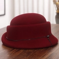 Close-up of vintage burgundy wool beret with elegant black beaded chain on wooden table - M (56-58cm) / Wine Red (Rhinestone Chain Rolled Edge Style)