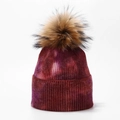Detailed close-up of colorful tie-dye knit beanie with large fluffy faux fur pompom - 6#-Wine Red Maroon and Light Purple Tie-Dye Style