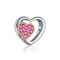Pink heart pendant with silver hollow frame and gold inner heart set with pink gems - Two-tone Heart