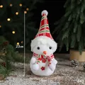 Christmas snowman decoration with red and green plaid hat and warm white flocking - 23x10cm / Snowman with Christmas Hat