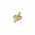 Close-up of golden letter F pendant with blue enamel inlay and polished metal finish - Letter F