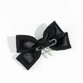 Detail of gothic black satin bow hair clip with silver safety pin and cross charms - 6# Black Ribbon with Safety Pins and Dual Crosses
