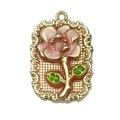 French retro enamel flower pendant in gold finish with pink blossoms and green leaves - Pink Square Flower-22107