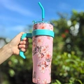 Insulated 40oz floral tumbler with pink flower patterns, teal handle and straw for cars - 1250ml / Pink with Peach Blossoms