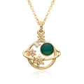18k gold plated planet pendant necklace featuring green gemstone and sparkling star accents - Green Main Stone Star Orbit Style (B100)