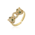 Verstellbarer 18K vergoldeter Leopardring mit weißen Kristallen und grünen Edelsteinaugen - Einstellbar Offen / Gold/Grüne Augen/Weißer Zirkonia (10686)