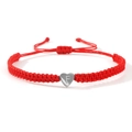 Red braided nylon heart bracelet with letter F charm and adjustable sliding knot - Silver Heart-F / Red