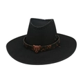 Western black wide brim cowboy hat with leopard print band and bronze leopard head buckle - Black (Leopard Head Belt)