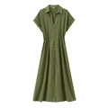 Vestido midi verde militar de manga corta con cuello en V y diseño de cintura plisada - XS / Verde Militar