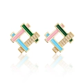 18K gold plated geometric square earrings with colorful enamel and zircon stones - Geometric Square Pink Blue Green Enamel / Colorful