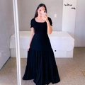Black square-neck smocked maxi dress with short puff sleeves and tiered skirt details - S / Black