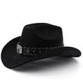Detail of black suede cowboy hat with vintage bull head buckle and star rivets decoration - M (56-58cm) / Black