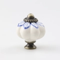 White pumpkin ceramic cabinet knob with blue hand-painted floral pattern and bronze base - TCL370/Blue Hand-painted Pattern