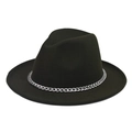 Black wool fedora hat with a silver metal chain trim on a clean white background - Army Green Hat Silver Chain