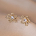 Exquisite gold-plated flower stud earrings with micro-pave zircons and center stone - Five-Petal Flower Style (E0366) / Gold
