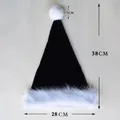 Detail of plush black and white Christmas hat with dimensions and fluffy white trim - 38*28cm / Black Long Plush Kids
