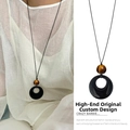 Ethnic style long necklace with black resin circle pendant and brown tiger eye bead - Black and Coffee (Leather Cord)