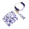 PU-Leder-Kartenetui-Set mit Silikonperlen-Armband und Quaste in Blau und Weiß - Blau-weißes Porzellan (11#)