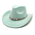Detail of mint green suede cowboy hat with turquoise feather and snakeskin band - M (56-58cm) / Mint Green