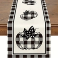 Linen table runner with black and white plaid pumpkins for autumn harvest decoration - 33cm*90cm