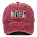 Close-up of PAPA embroidery with tool silhouettes on vintage washed red baseball cap - Burgundy