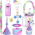 Rainbow woven handle strap and matching accessories set for insulated tumblers - Rainbow with Lipstick Holder
