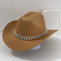 Western camel suede cowboy hat featuring a sparkling silver rhinestone bead chain accessory - Khaki