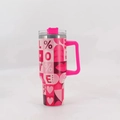 Pink 40oz stainless steel tumbler with heart patterns, large handle and lid - LOVE Pattern
