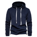 Close-up of navy blue polar fleece hoodie texture with drawstring and kangaroo pocket - S / Navy Blue