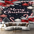 Detalle de un tapiz de Feliz Navidad con estrellas y adornos sobre un sofá de color blanco - 300x230cm / Estilo 1 (Noche Estrellada y Regalos)
