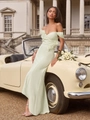 Elegant mint green off-shoulder slim fit maxi dress with floral detail by vintage car - S / Light Green