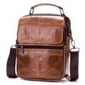Men's brown genuine leather crossbody bag with top handle and adjustable strap - Brown