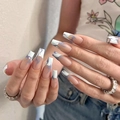 Glossy long coffin press-on nails with white base and light purple flame pattern design - HY279 Purple White Flame Long Coffin