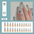 Uñas postizas 3D con flores, degradado azul-verde, perlas y set de 24 piezas - Estilo Chino Orquídea (Z930) / Tipo de Pegamento