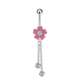 Detail of silver belly ring with pink flower petals and sparkling hanging crystal chains - Pink Flower Dangle (3006)