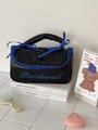 Black leather ballet style makeup bag with blue ribbon bows and letter embroidery - Small / Black