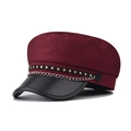 Burgundy military cap with star studs and chain detail on black leather brim - M (56-58cm) / Burgundy