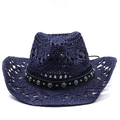 Dunkelblauer Cowboy-Strohhut mit Türkis-Perlen und breiter, gebogener Krempe - M (56-58cm) / Marineblau