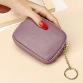 Purple pebble grain leather mini wallet with gold zipper and keychain detail - Lotus Purple