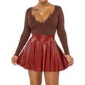 Women's brown ribbed V-neck top and red high-waist PU leather pleated mini skirt outfit - S / Bottoms / Red