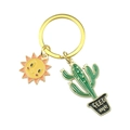 Succulent cactus keychain with sun charm and Feed Me text on a golden metal ring - K893 (2-Piece Set - Sun & Cactus)