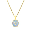 Golden hexagonal necklace with iridescent shell inlay and 3D metal letter V pendant - Blue Shell V