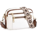Sac bandoulière beige et marron avec sangle brodée à fleurs et double fermeture - Blanc et Marron