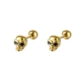 Detailed view of gold skull stud earrings with secure ball screw back closure - Single Piece / Gold