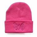 Pink knit beanie for women and men featuring embroidered butterfly and pink ribbon logo - Leather Red