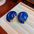 Vintage gold earrings with blue oval gemstone and sparkling crystal accents - 131 Silver Pin-Blue Oval