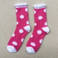 Soft pink coral fleece floor socks with white polka dots for winter warmth - One Size / Pink with White Polka Dots