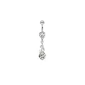 Silver stainless steel belly button ring featuring three zircons and leaf drop pendant - XY-20 Leaf Zircon